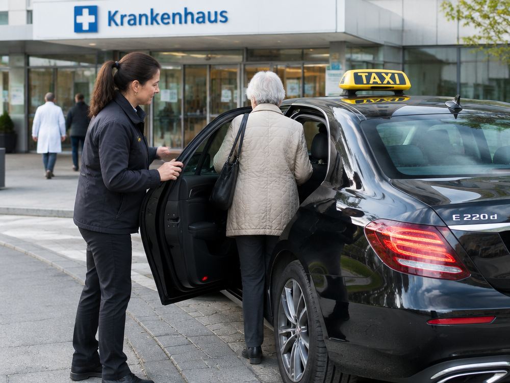 Eine Fahrerin hält einer älteren Dame vor dem Krankenhaus die Tür des Taxis auf